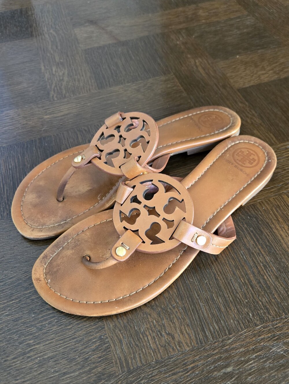 Tory Burch Miller Brown Leather Sandals Women's Flat Sandals Thin Bottom Size 8